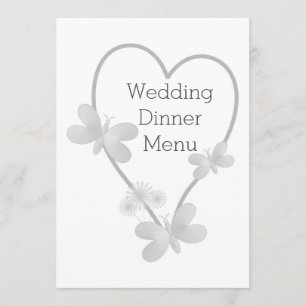 Menu Dîner mariage Papillons Coeur Argent