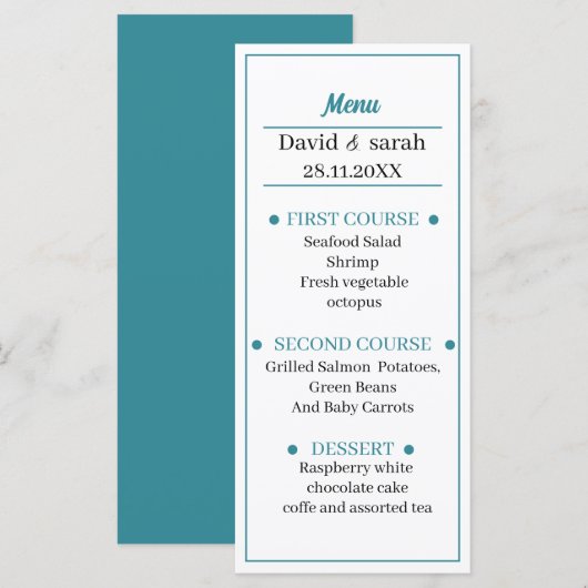 Menu Dîner Mariage personnalisé bleu (Devant / Derrière)
