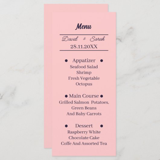 Menu Dîner Mariage personnalisé Simple Peach (Devant / Derrière)