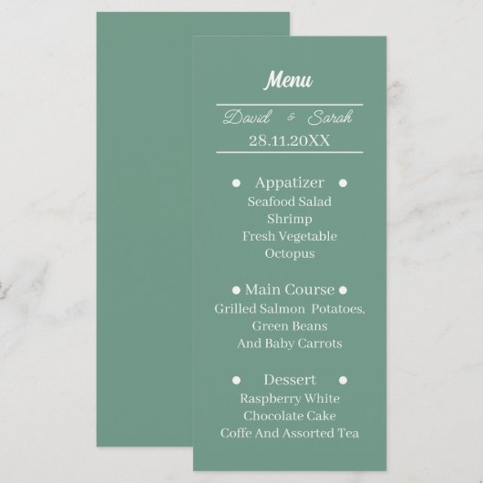 Menu Dîner Mariage personnalisé vert simple (Devant / Derrière)