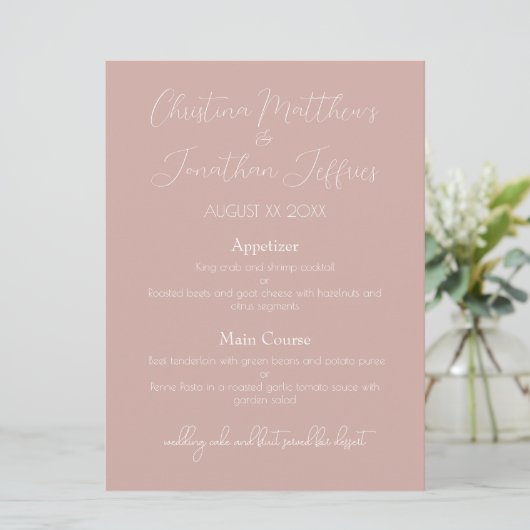 Menu Dîner Mariage Rose moderne et élégant (Debout devant)