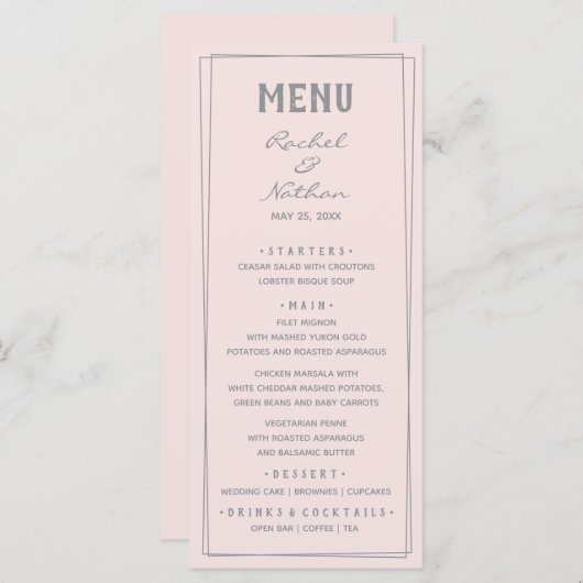 Menu Dîner Mariage Rose Rose Blush (Devant / Derrière)