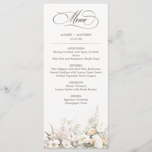 Menu Dîner Mariage Rustique White Blooms (Devant)