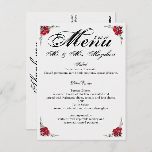 Menu Dîner mariage Shalicia (Devant / Derrière)