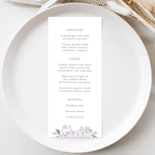 Menu Dîner Mariage simple et élégant Lilac