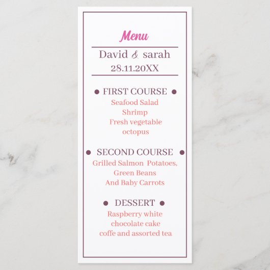 Menu Dîner Mariage simple Rose léger Customisé (Devant)