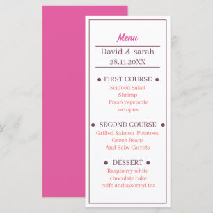 Menu Dîner Mariage simple Rose léger Customisé