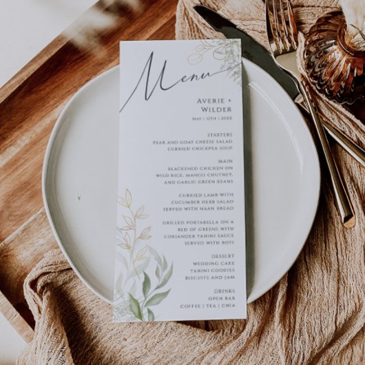 Menu Dîner Mariage Whimsical Green and Gold