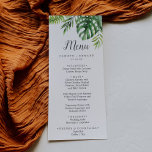 Menu Dîner Mariage Wild Tropical Palm<br><div class="desc">Cette carte de menu mariage de palmiers tropicaux sauvage est parfaite pour un mariage sur la plage ou à destination. Le design comprend un éventail exotique de feuilles de bananiers d'aquarelle verte, fougères, feuillage, plantes botaniques et verdure pour une sensation tropicale estivale. Ce menu peut être utilisé pour une réception...</div>