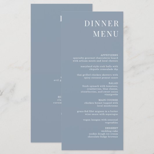 Menu Dîner Moderne Dusty Blue Minimalist (Devant / Derrière)