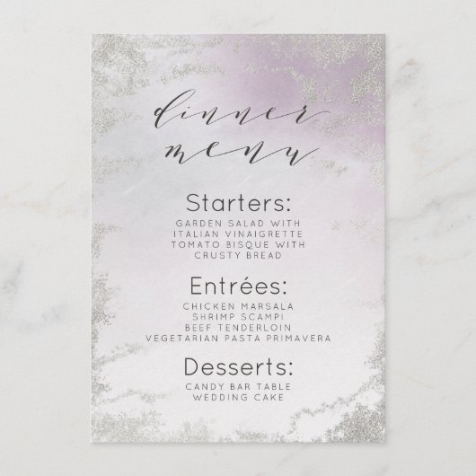 Menu Dîner Ombre Lavender Purple Silver Foil Frosted (Devant)