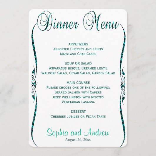 Menu Dîner | Parties scintillant Turquoise élégant (Devant)