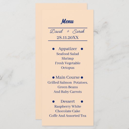 Menu Dîner personnalisé Mariage simple beige (Devant / Derrière)