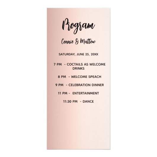 Menu dîner programme mariage or rose (Devant)