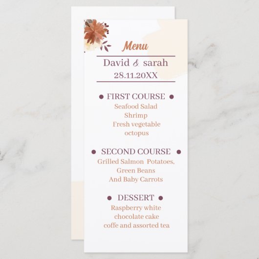 Menu Dîner Rustique Brown Mariage (Devant / Derrière)