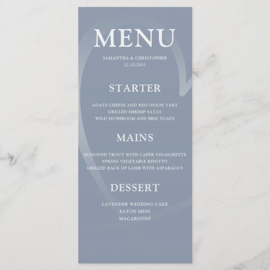 Menu Dîner simple Dusty Blue & Silver Heart Mariage (Devant)