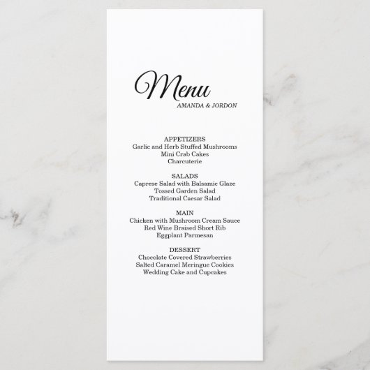 Menu Dîner Simple Noir Blanc Calligraphie (Devant)