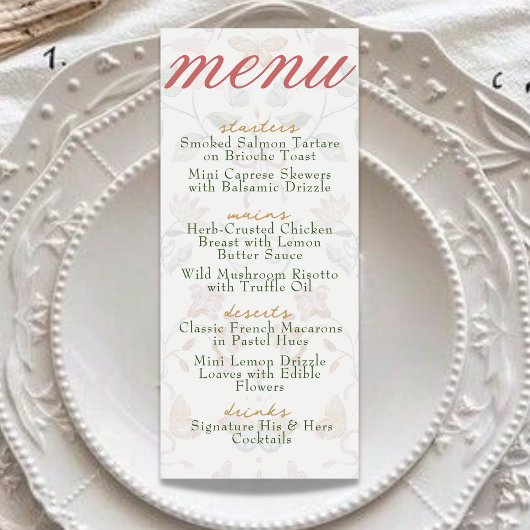 Menu Dîner Vintage Botanique Mariage Soft Blush
