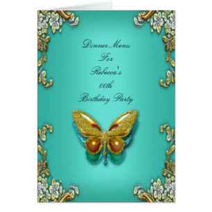 Menu Dinner Card Gold Turquoise Blue Butterfly