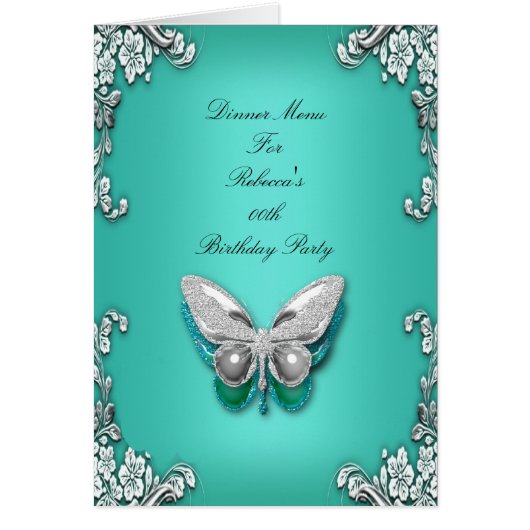 Menu Dinner Card Silver Turquoise Blue Butterfly (Devant)