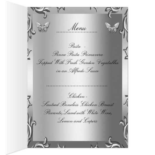Menu Dinner Kaart Silver Grey Butterfly Floral (Binnen (Rechts))