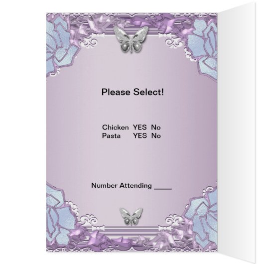 Menu Dinner Kaart Silver Lila Mauve Butterfly (Binnen (Links))