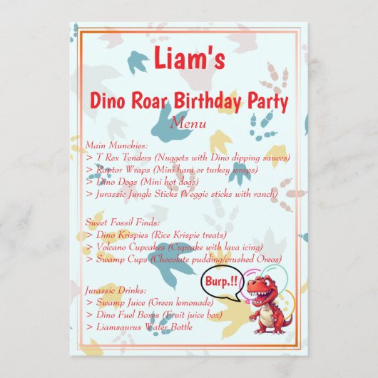 Menu Dino Roar fête d'anniversaire (Devant)