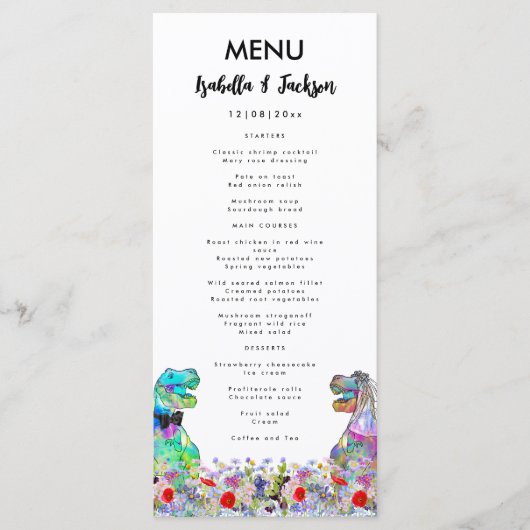 Menu Dinosaur thème Mariage Fleur sauvage coloré (Devant)