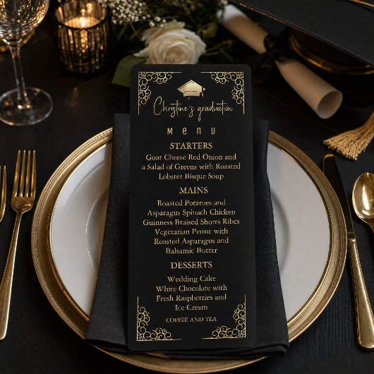 Menu Diplôme élégant avec feuille d'or noir