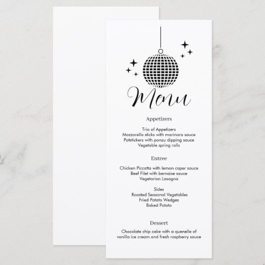 Menu Disco Ball Dinner (Devant / Derrière)