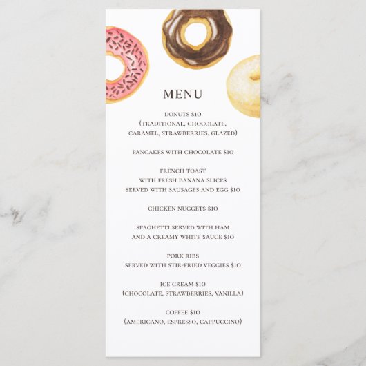 Menu Donuts à l'aquarelle. Dessert de café de boulanger (Devant)