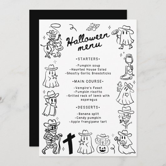 Menu Doodles noir et blanc à main irky tiré Halloween (Devant / Derrière)