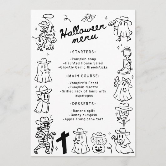 Menu Doodles noir et blanc à main irky tiré Halloween (Devant)