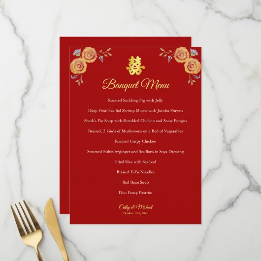 Menu Double bonheur floral orange rouge mariage chinois (Devant/Arrière en situation)