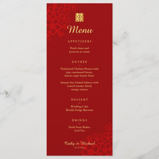 Menu Double bonheur floral rouge mariage chinois (Devant)
