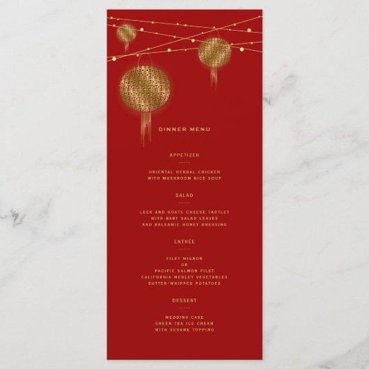 Menu Double Happiness Gold Lanterns Mariage chinois rou (Devant)
