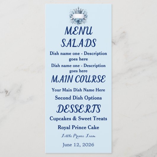 Menu Doublure d'enveloppe Couronne Prince Bleu Argent (Devant)