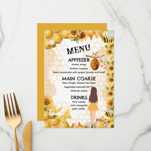 Menu Douche nuptiale jaune et noir (Devant/Arrière en situation)
