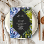 Menu Dramatic Blue Floral Mariage<br><div class="desc">Design floral bleu autour arrière - plan gris géométrique</div>