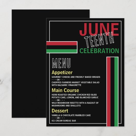 Menu Drapeau panafricain Conception, 12° anniversaire (Devant / Derrière)