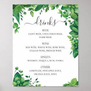 menu drinken waterverf greenery foliage bruiloft poster