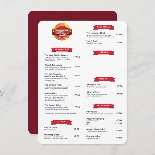 Menu "Drumpf's Diner" (Devant / Derrière)