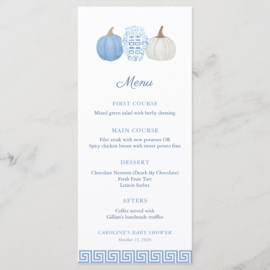 Menu du Baby shower Citrouille bleu Preppy Chinois (Devant)