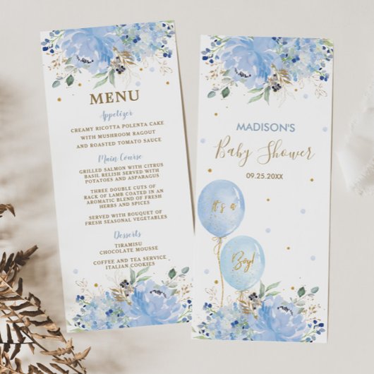 Menu du Baby shower de Ballons Floraux Bleus Chic 