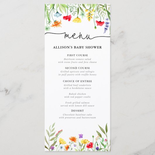 Menu du baby shower de printemps fleur sauvage col (Devant)