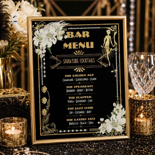 Menu du bar Art Déco Perles Fleurs Blanches Gatsby