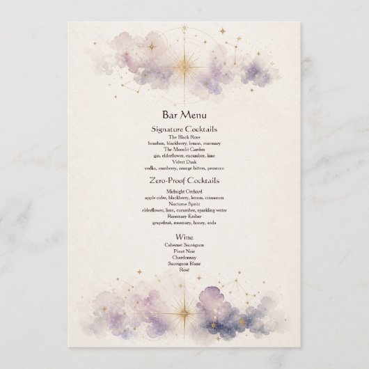 Menu du Bar de Mariage Céleste (Devant)