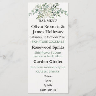 Menu du bar de mariage du jardin botanique