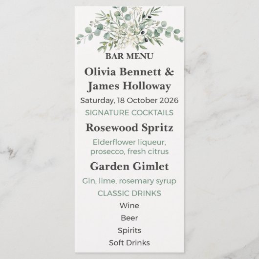 Menu du bar de mariage du jardin botanique (Devant)
