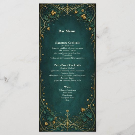 Menu du bar pour le dîner de mariage dans la forêt (Devant)